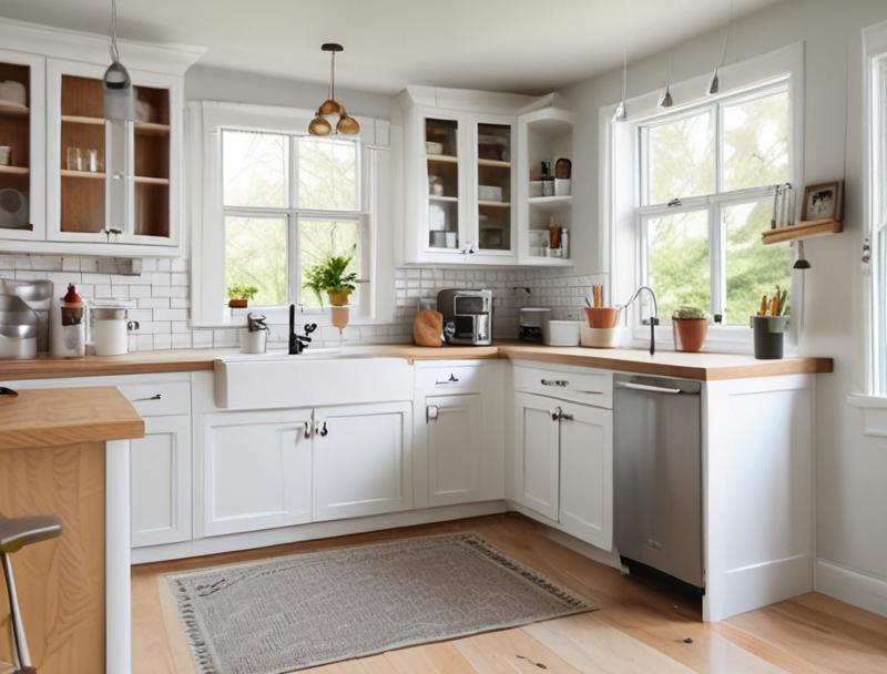 Person replacing kitchen cabinet door with screwdriver and level