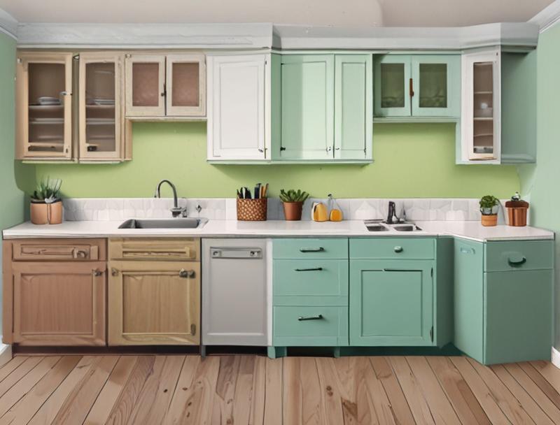 This image contains a side-by-side kitchen scene contrasting worn, peeling cabinet doors on the left with bright, modern replacement doors on the right, highlighting the visual reason to replace them. Split view comparing old and new kitchen cabinet doors.