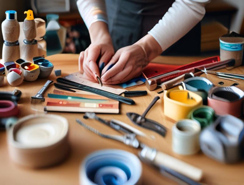 This image contains a tidy arrangement of hand tools, paint supplies, and hardware spread across a wooden workspace, illuminated by soft daylight. Hands organizing DIY tools and craft materials on table.