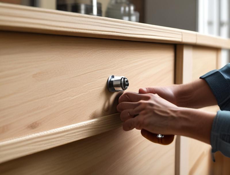 This image contains a person removing an old wooden cabinet door with a cordless drill in a bright kitchen. Person unscrewing hinges of old cabinet door.