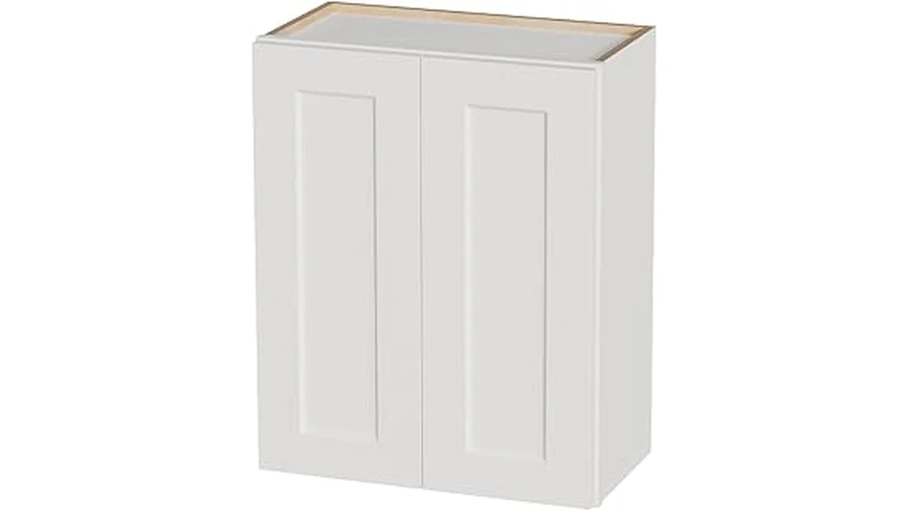 The image shows stylish white laundry room cabinets providing ample storage solutions from popular options.