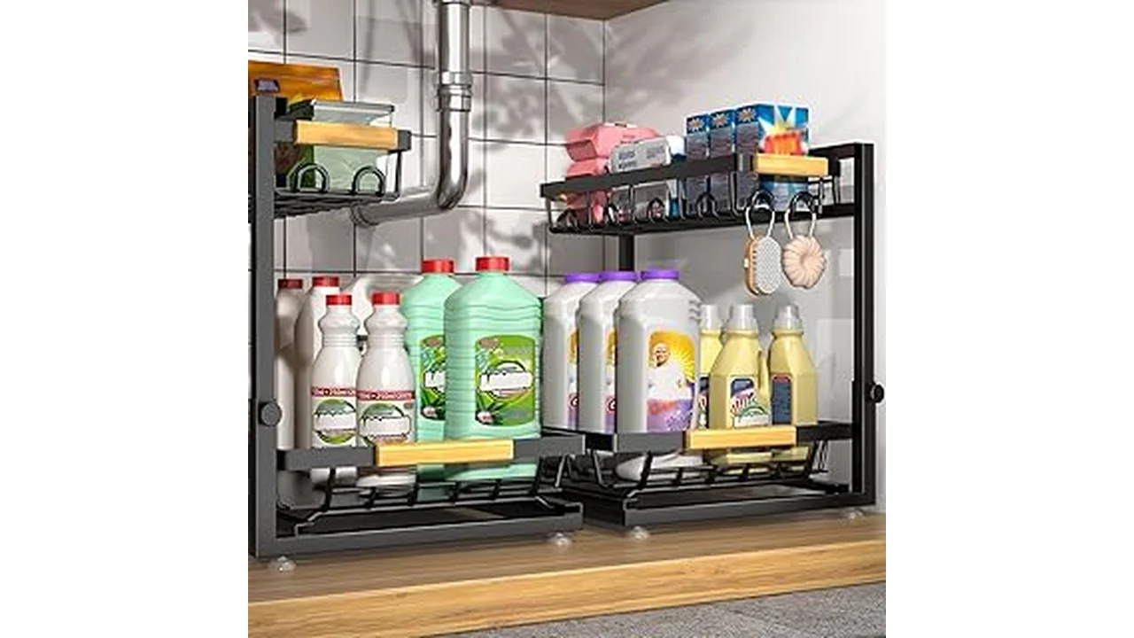 The image shows a sleek, organized kitchen cabinet providing ample storage space under the sink.