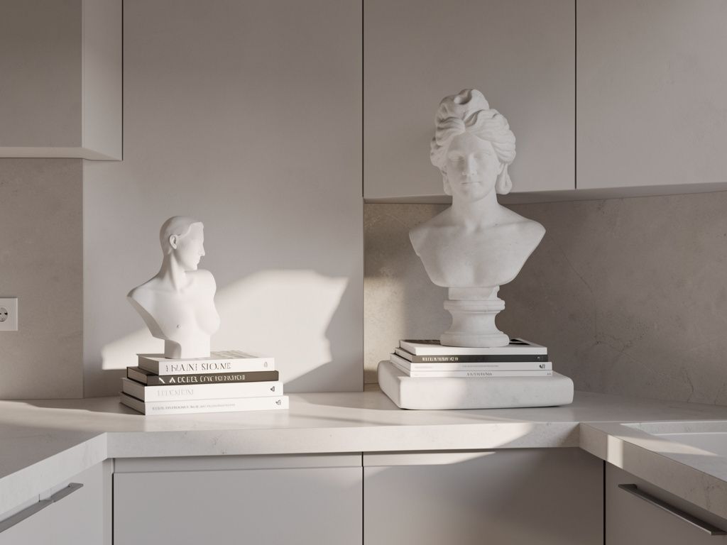 Sculptural Decor Above Cabinets Sculptural objects and books on top of kitchen cabinets