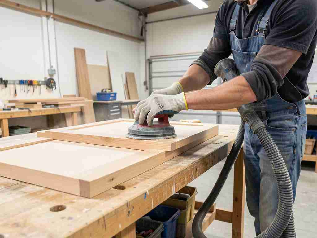 Sanding cabinet doors for painting Person sanding a cabinet door during paint preparation
