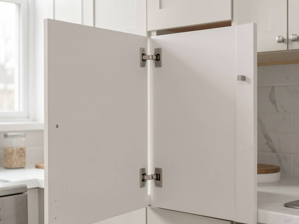 Concealed cabinet hinge close-up view Kitchen cabinet door open displaying a concealed hinge mechanism in a white modern kitchen