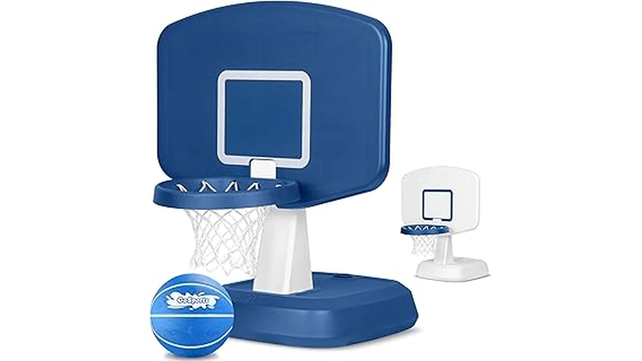The image shows a happy child playing with a best selling pool basketball hoop designed for kids.