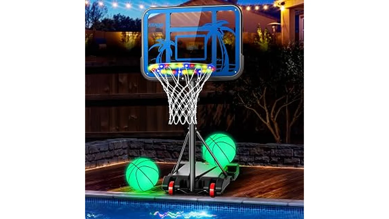 The image shows a person playing basketball with a hoop attached to an above-ground pool.