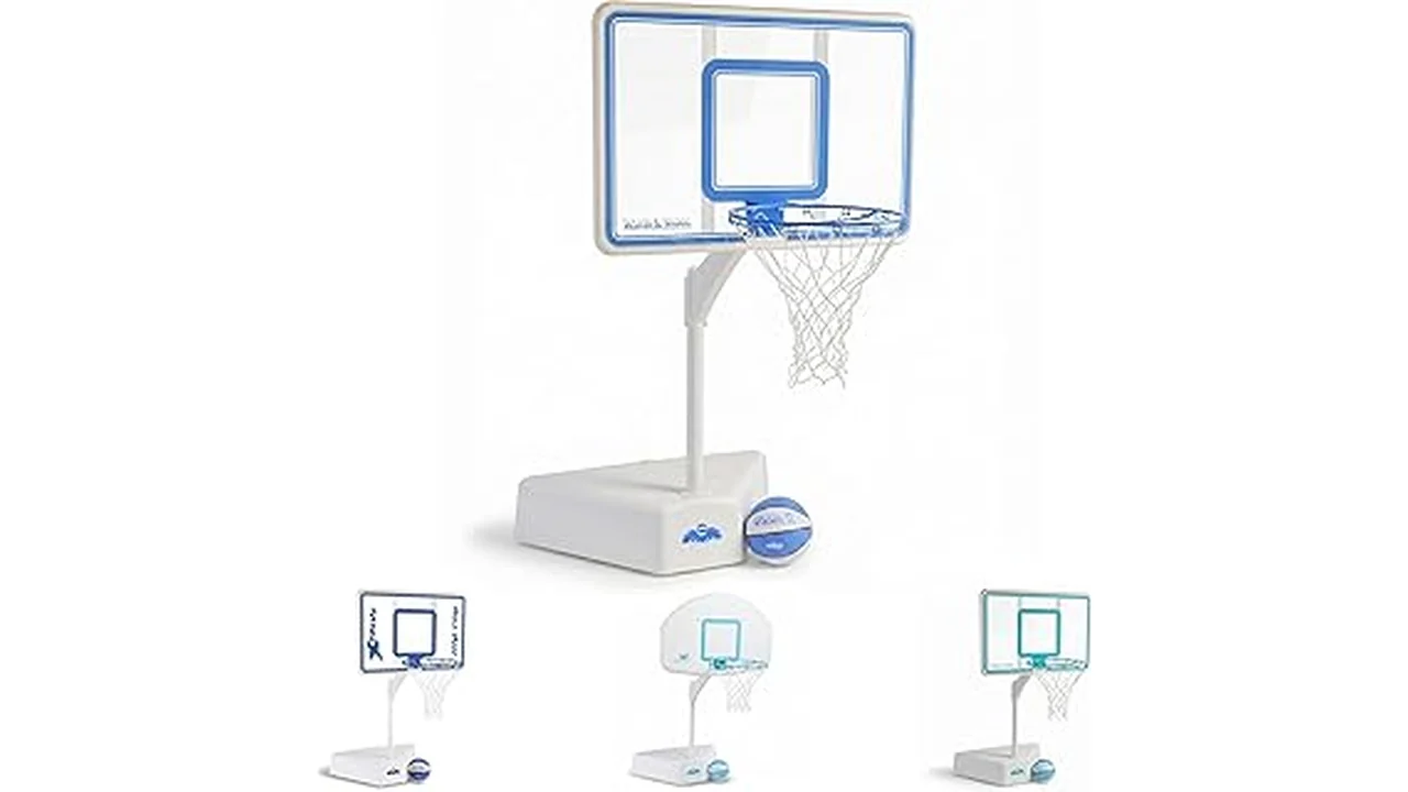 The image shows a durable pool basketball hoop with an adjustable height, perfect for family fun.