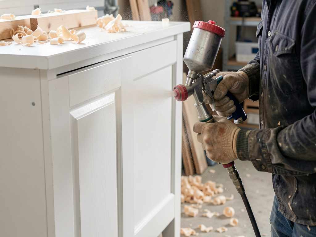 Spraying primer on cabinets Close up of paint sprayer being used on a cabinet door during prep