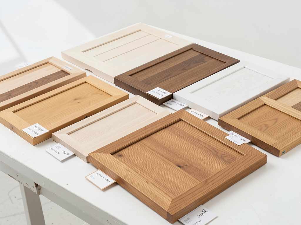 Cabinet material types for painting preparation Different cabinet materials including wood, MDF, and laminate samples