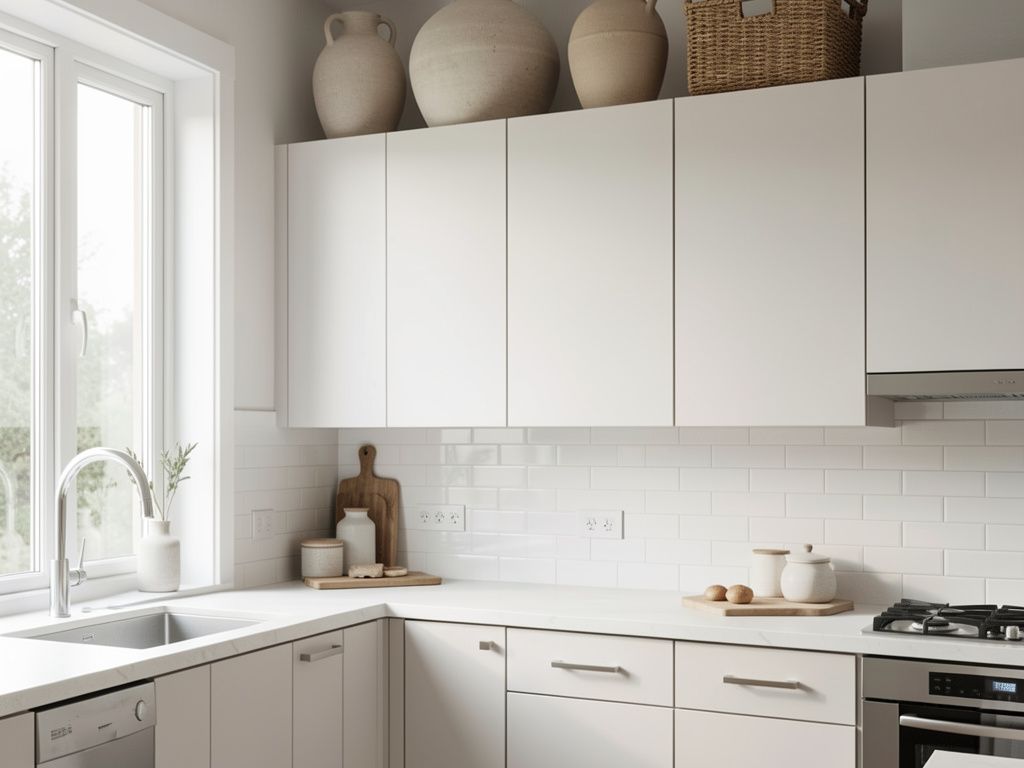 Modern Styling Above Kitchen Cabinets Modern kitchen with ceramic vases and baskets on top of cabinets