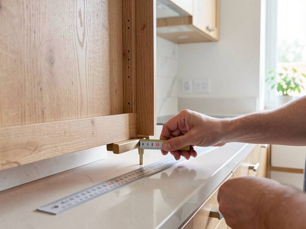 measuring cabinet pull length for kitchen renovation a person measuring the length of a cabinet pull with a ruler on a wooden kitchen counter
