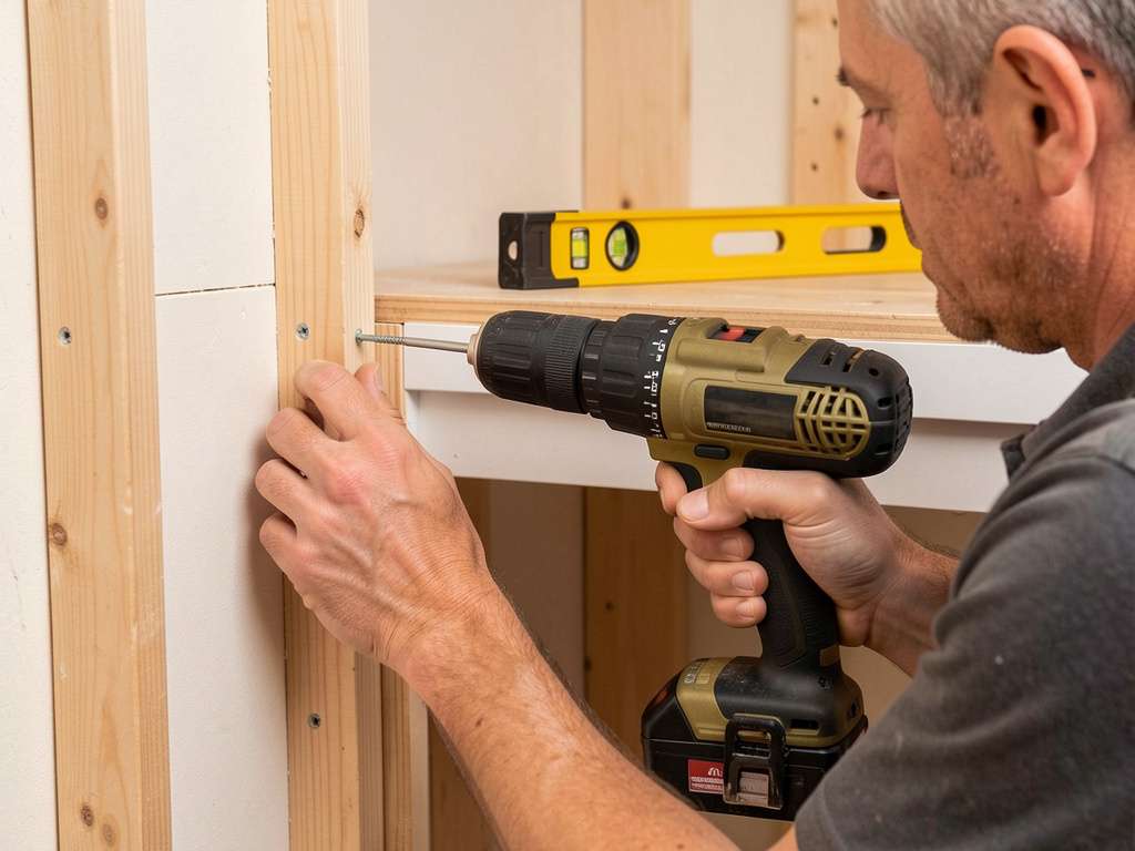 Drilling cabinets into wall studs Person drilling cabinet into wall stud with level on top
