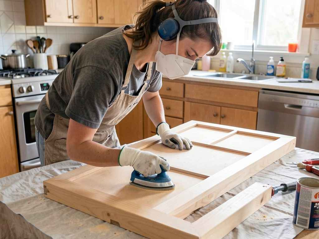 Sanding cabinets for painting Homeowner sanding a cabinet door before painting