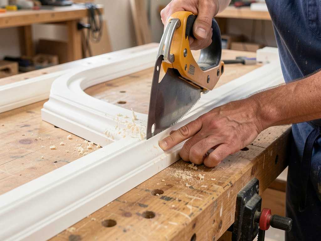 Cutting a coped joint for crown molding Close up of hands using a coping saw to cut crown molding profile for a coped joint