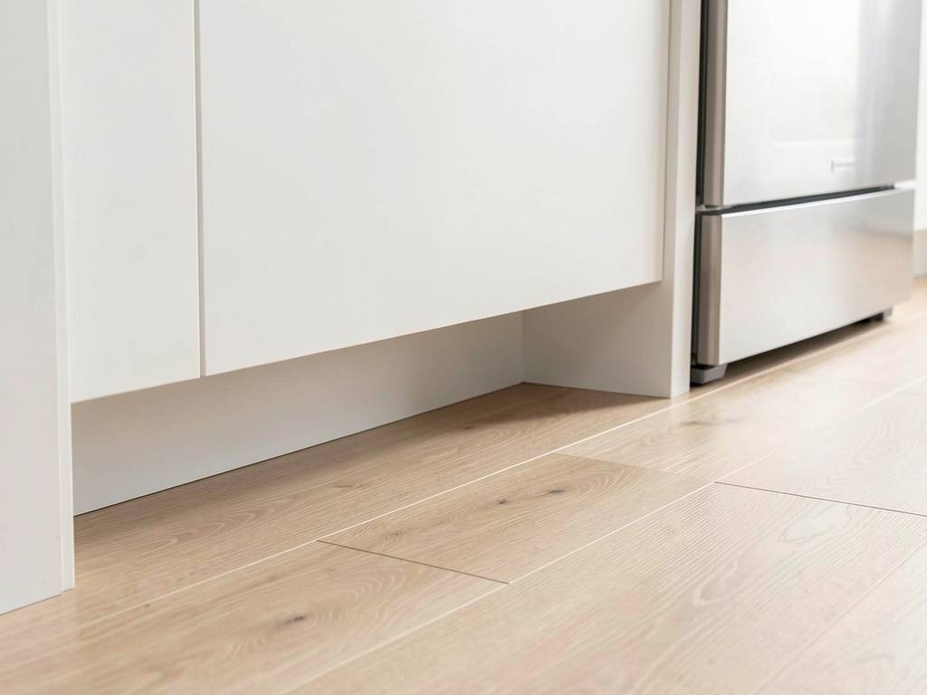 Kitchen Cabinet Toe Kick Detail Close up of a kitchen toe kick area showing the recessed space between the floor and the cabinet base