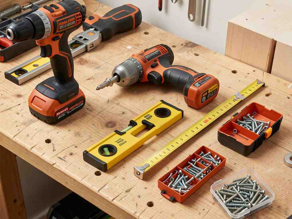 Essential tools for cabinet installation Tools laid out on workbench for cabinet installation