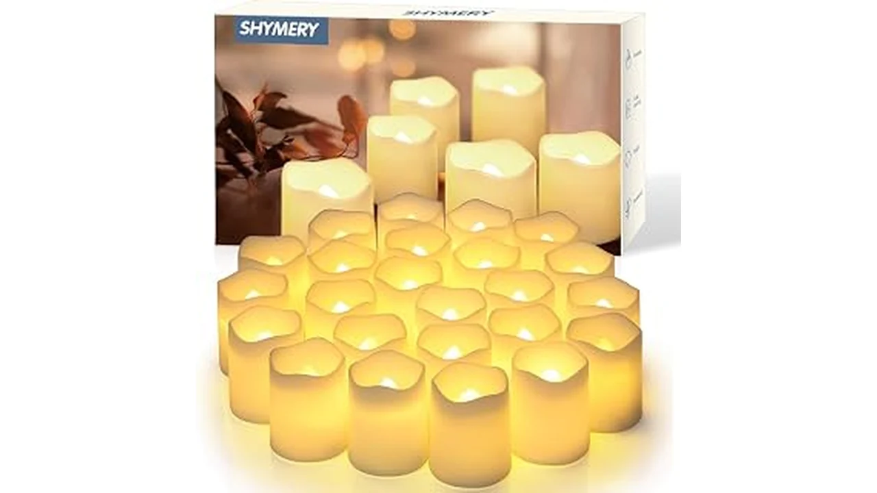 The image shows a collection of realistic LED pillar candles lit up for Halloween, perfect for your top 10 list.