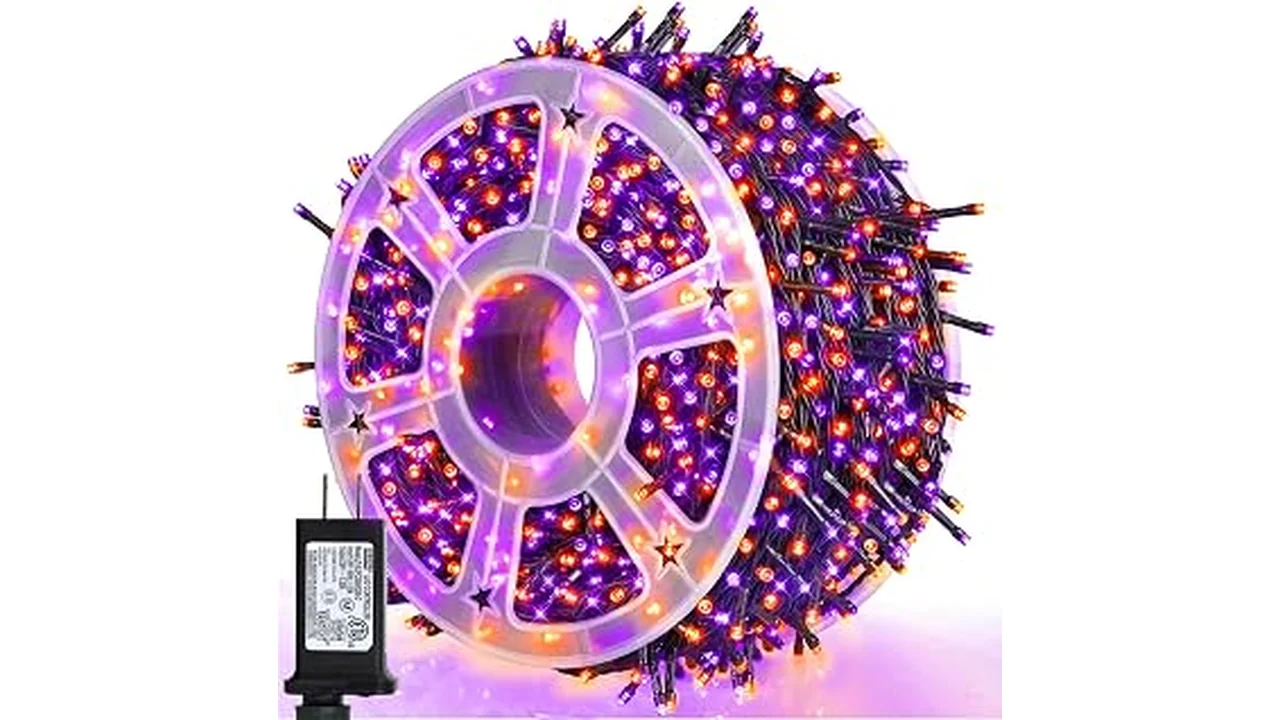 The image shows a festive Halloween scene decorated with various popular string lights, highlighting creative lighting options.