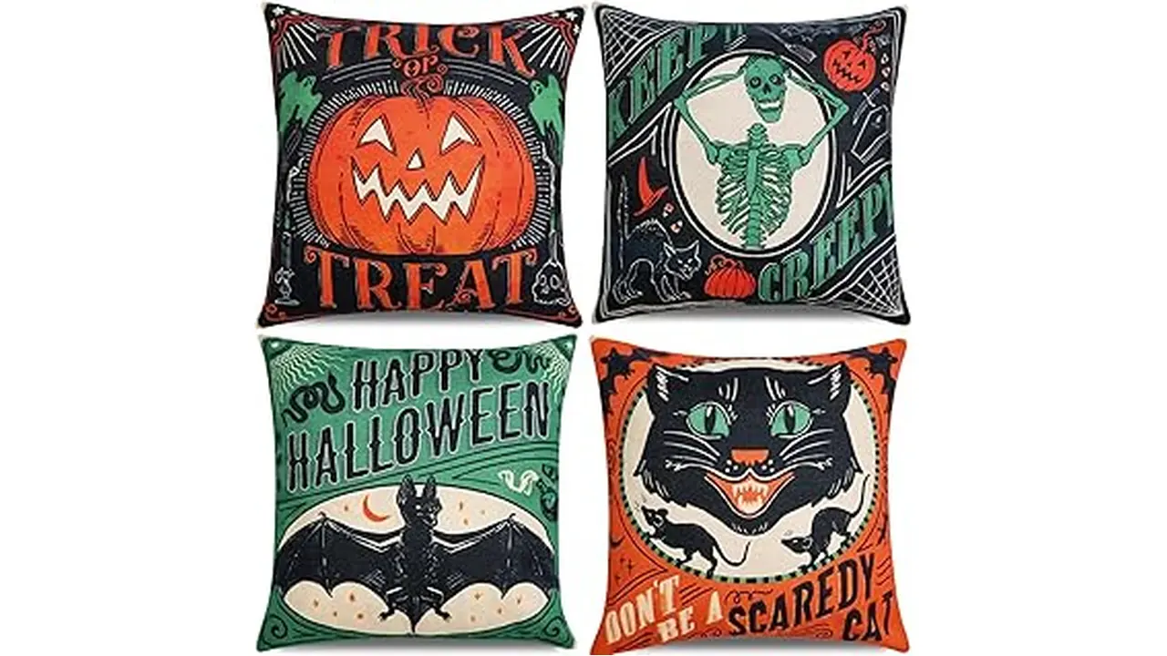 The image shows a variety of festive Halloween throw pillows, perfect for a cozy autumn home.