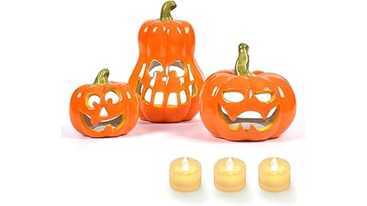 The image shows a collection of assorted ceramic pumpkins, perfect for Halloween decor.