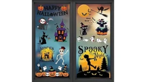 The image shows a variety of spooky and festive Halloween window clings, showcasing top rated options for decoration.