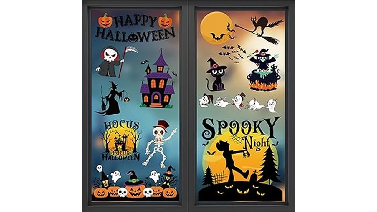 The image shows a variety of spooky and festive Halloween window clings, showcasing top rated options for decoration.